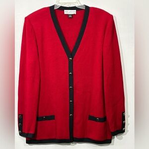 ST. JOHN Collection Cardigan Jacket Wool Plus  16 Red Black Santana Knit V-Neck